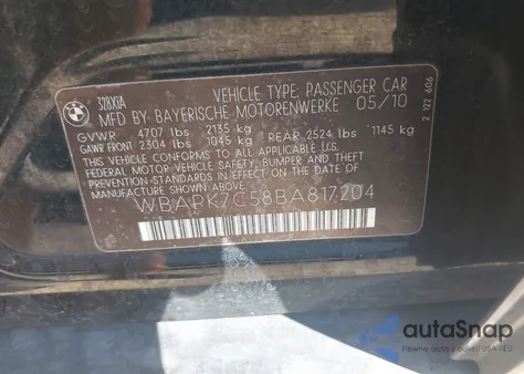 2011 BMW 328I xDrive из США, поврежденный, VIN WBAPK7C58BA817204